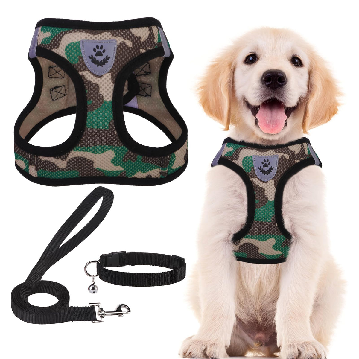 PUPTECK Adjustable Pet Harness Collar &Leash Set Step in for Small Dogs Puppy &Cats Outdoor Training &Running, Soft Mesh Padded Reflective Vest Harness,M: Chest girth: 16-18in Collar: 11.8-15.7in