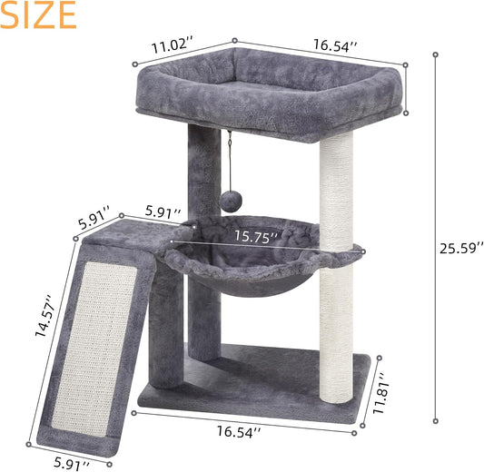 YOUPET Cat Tree with Cat Scratching Post for Indoor Cats, Cat Tower with Scratching Board and Playful Toy Balls, Cat Tree Tower with Cozy Hammock,Grey