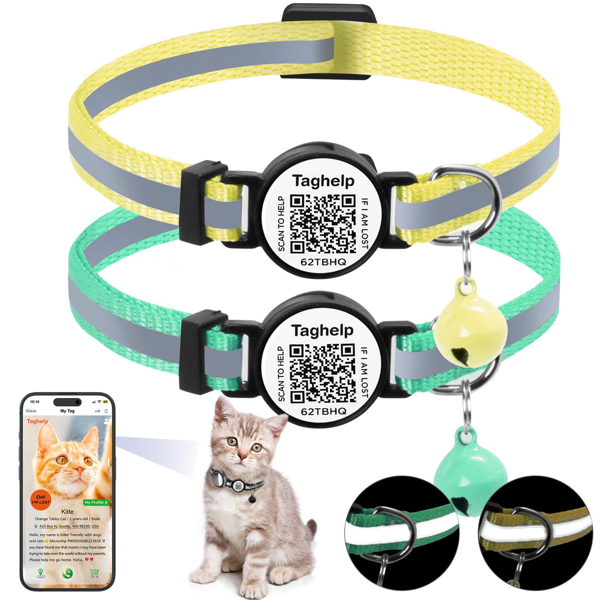 2 Pack QR Code Cat Collar with Instant Lost Pet Recovery System, Scan for Urgent Alerts & Location Info, Breakaway Reflective Collar with Safety Bell (Blue & Pink)