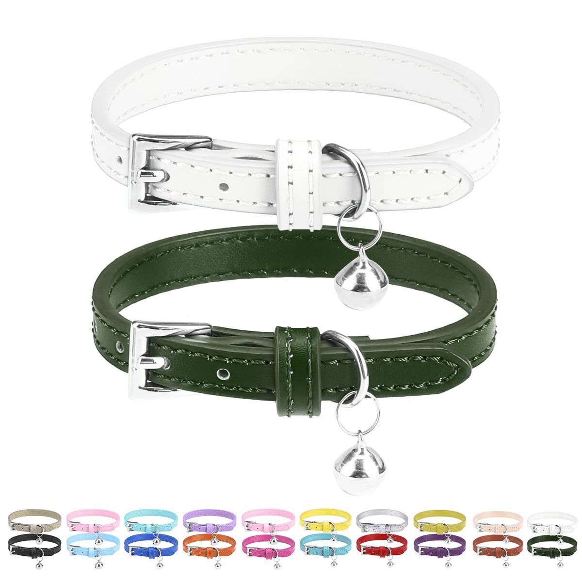 PUPTECK 2 PCS Soft Genuine Leather Cat Kitten Collar with Bells Adjustable for Girl Boy Cats Puppy - Yellow, Teal