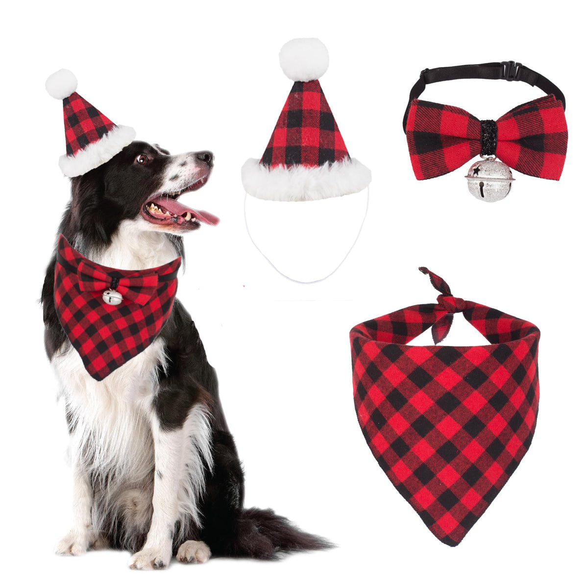 ADOGGYGO Christmas Dog Bandana Hat Bow Tie Set - Stylish Red Plaid Puppy Christmas Hat Scarf Costume Outfit for Small Dogs Pets (Small)
