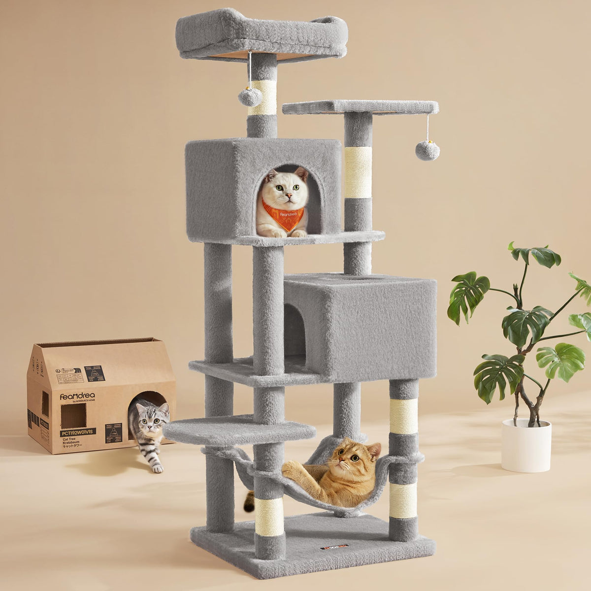 Feandrea Cat Tree, 59.5-Inch Tall Cat Tower, Multi-Level Condo, Beige