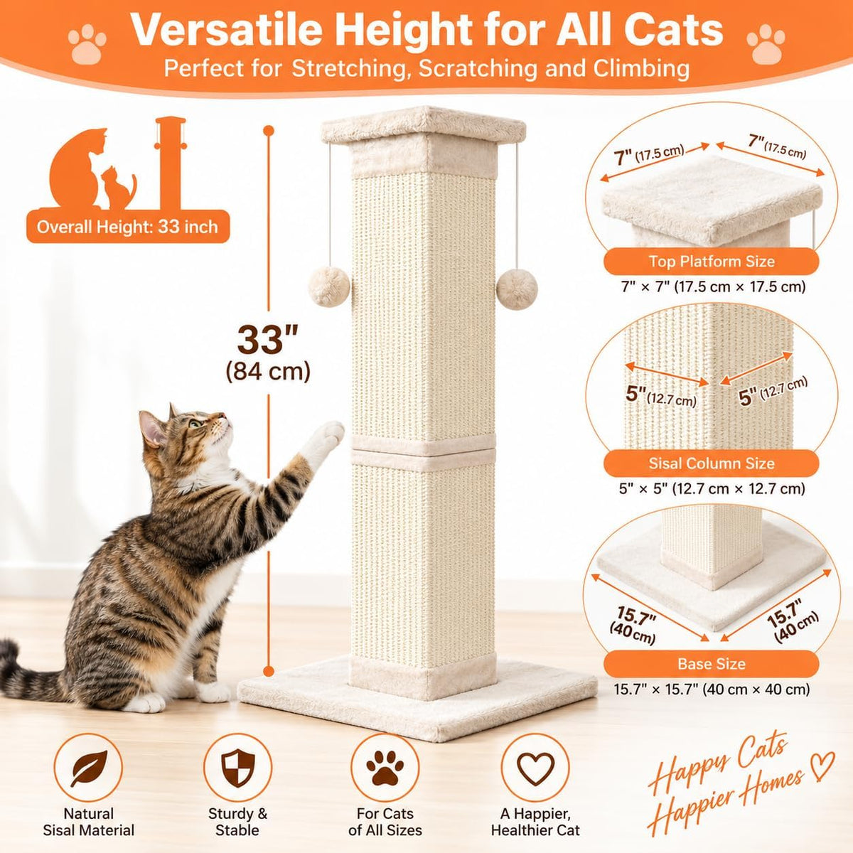 SOCATER Cat Scratching Post 33 Inch Nature Sisal Cat Scratch Post for Indoor Cats, Large Cat Scratcher Protect Your Furniture, for All Breeds