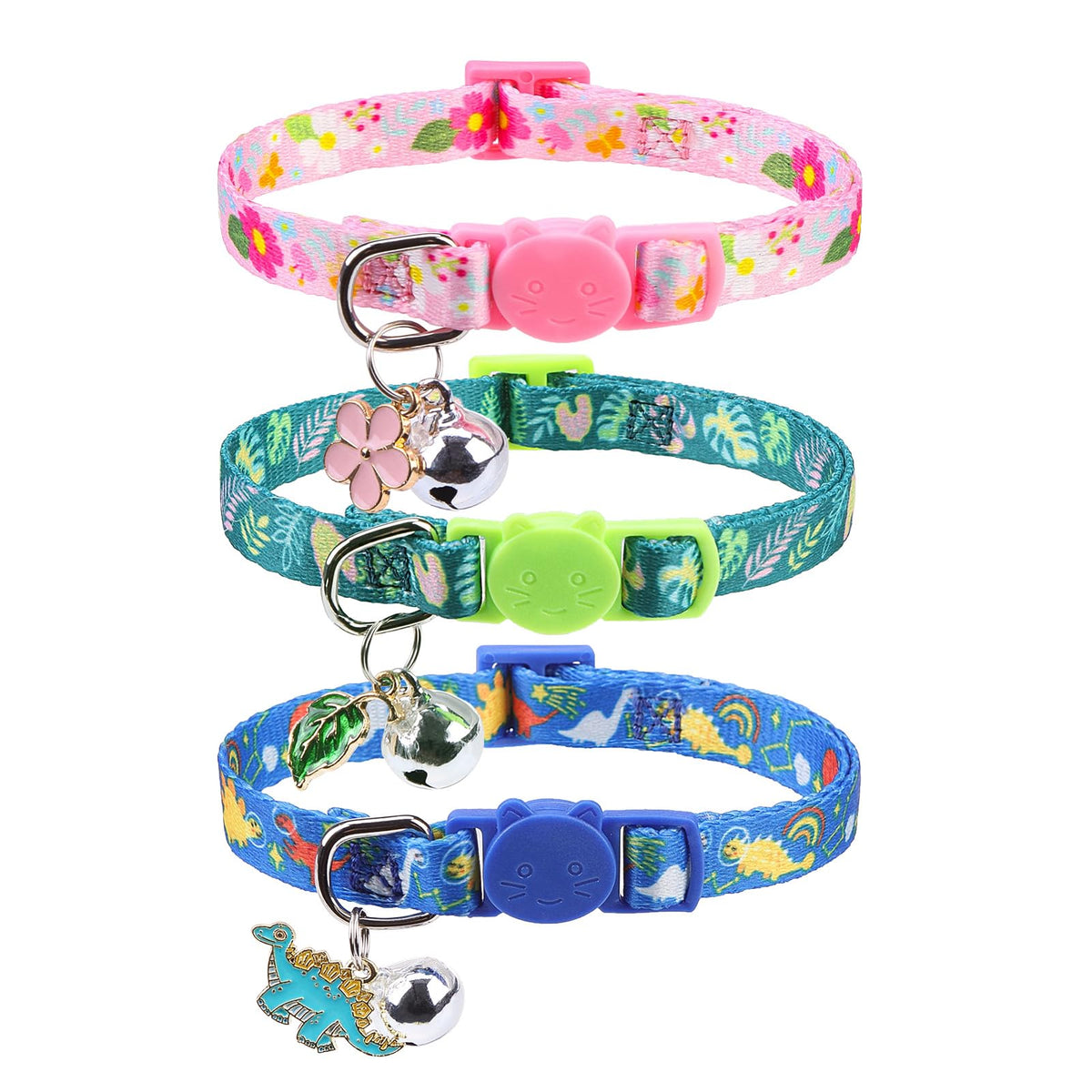 SCENEREAL Breakaway Cat Collar with Bells, 3 Pack Spring Pink Cats Collars with Safety Buckle, Soft Adjustable Cute Kitten Puppy Personalised Summer Collars for Dogs Girl Boy