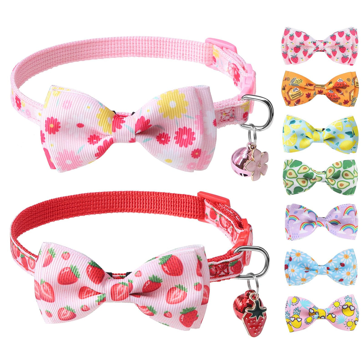 SCENEREAL Breakaway Cat Collar with Bell, 2 Pack Safety Adjustable Cat Collars with Pendant, Pink Personalised Puppy Kitten Collar with Bow for Spring Summer, Strawberry Daisy