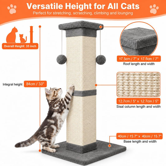 Cat Scratching Post 33 Inch Nature Sisal Scratch Post for Indoor Cats, Large Cat Scratcher Protect Your Furniture, for All Breeds Grey