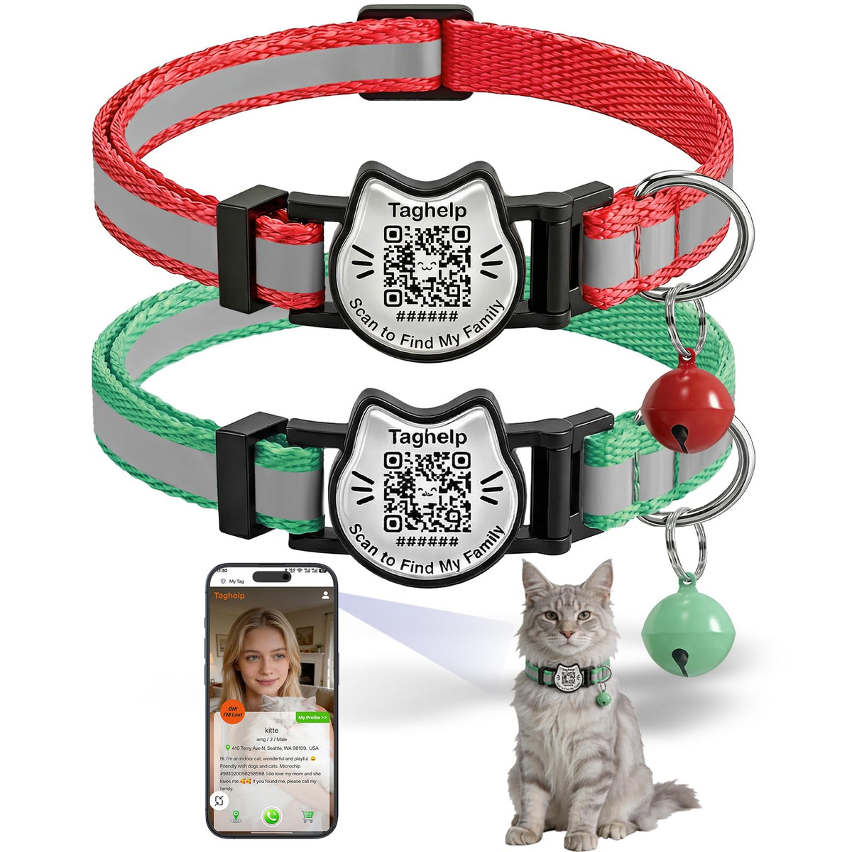 Breakaway Cat Collar with QR Code Tag and Bell (Black & Rose red)