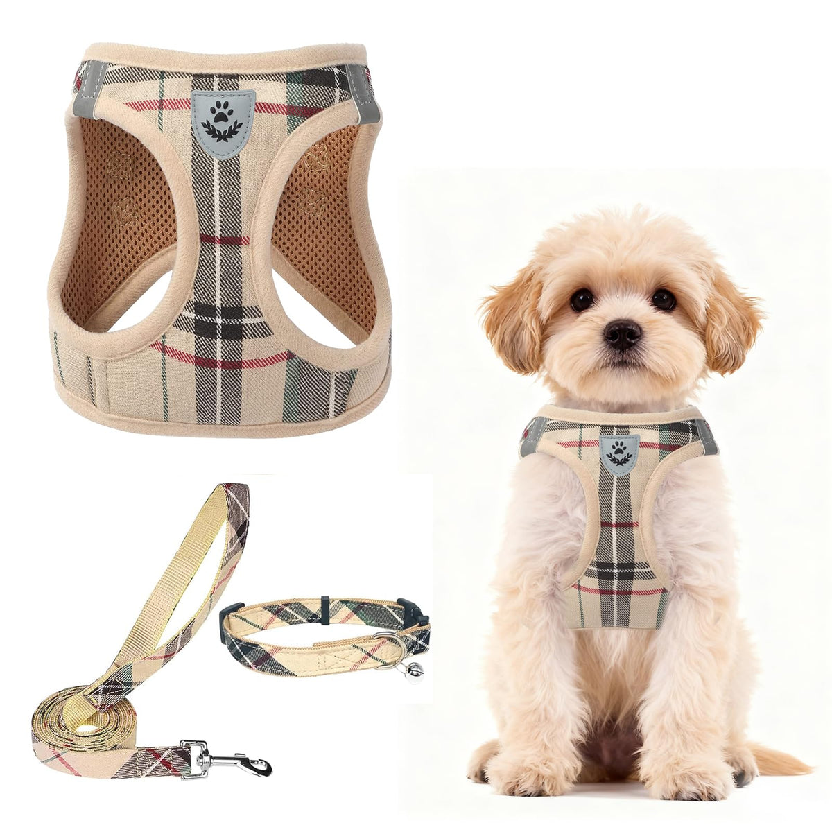 PUPTECK Adjustable Pet Harness Collar &Leash Set Step in for Small Dogs Puppy &Cats Outdoor Training &Running, Soft Mesh Padded Reflective Vest Harness,M: Chest girth: 16-18in Collar: 11.8-15.7in