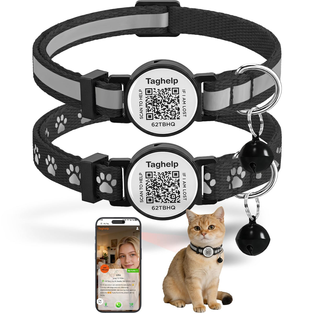 2 Pack Airtag Cat Collar, Breakaway Cat Airtag with Smart ID tag & QR Code Reflective (Moon Stars - Black & Pink, with Integrated AirTag Holder)