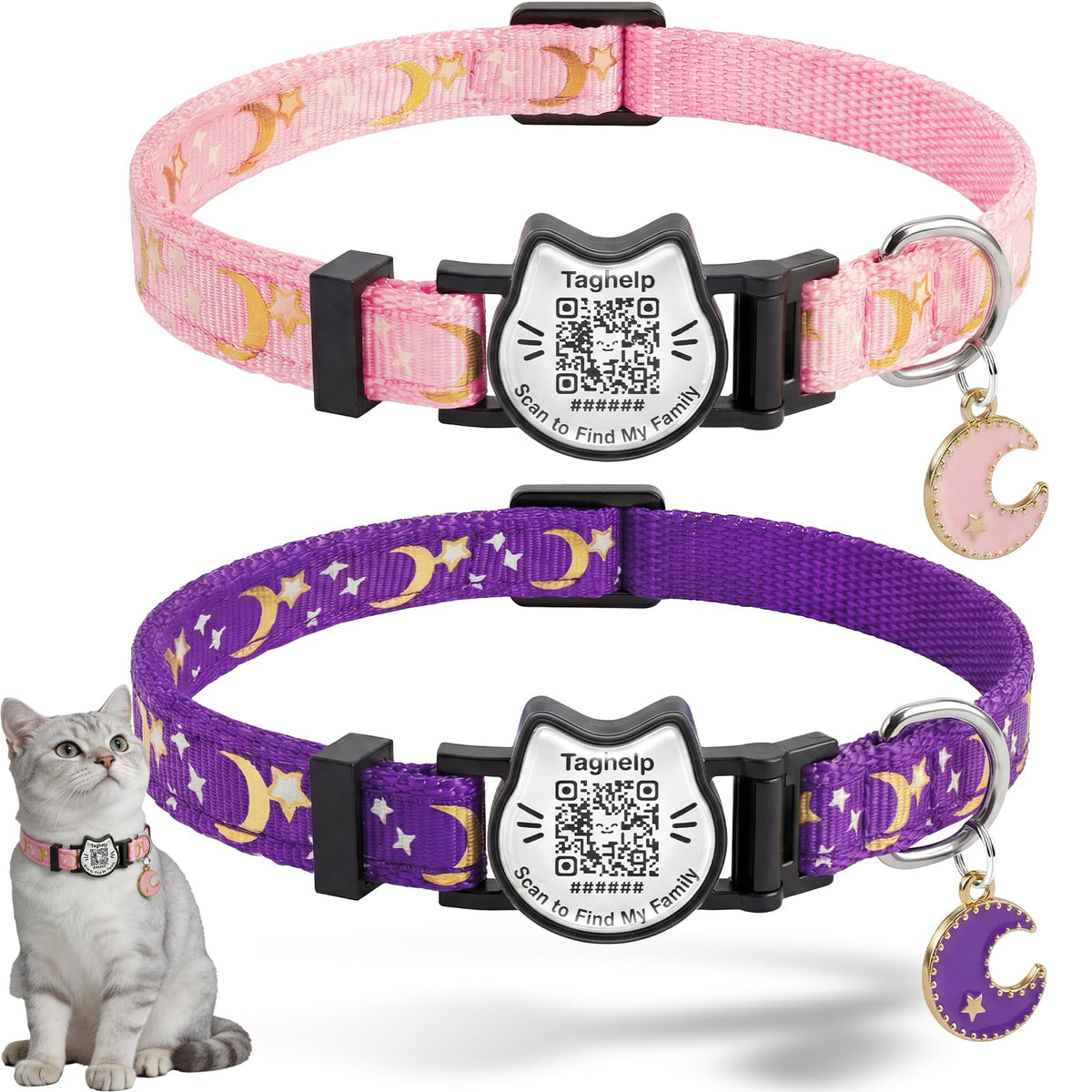 Breakaway Cat Collar with QR Code Tag and Bell (Black & Rose red)