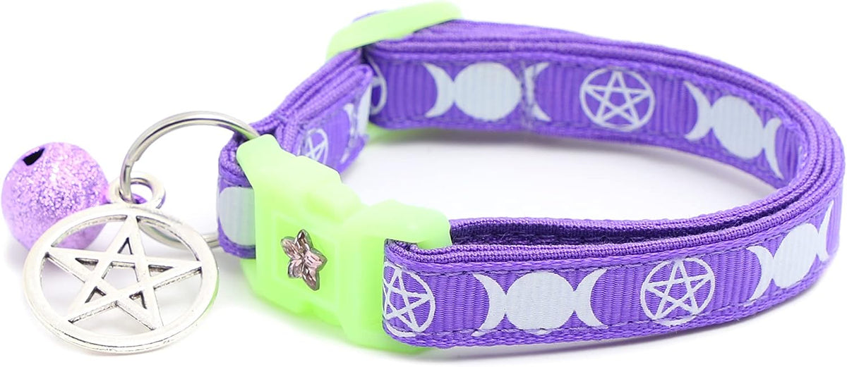 Wicca Cat Collar with Occult Charm & Bell | Witch's Familiar Cat Collar | Witch Kitten Collar Charms | Glow in The Dark | Safety Breakaway Collar (Small, Black)