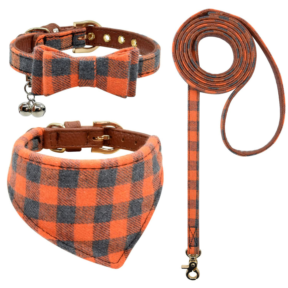 3PCS Bow Tie Dog Collar and Leash Set Plaid/Camo/Dots/Flower Dog Bandanas with Bell 3 Size Adjustable for Small Dogs Puppies and Cats (XS, Orange Plaid)