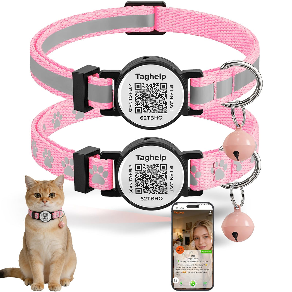 2 Pack Airtag Cat Collar, Breakaway Cat Airtag with Smart ID tag & QR Code Reflective (Moon Stars - Black & Pink, with Integrated AirTag Holder)
