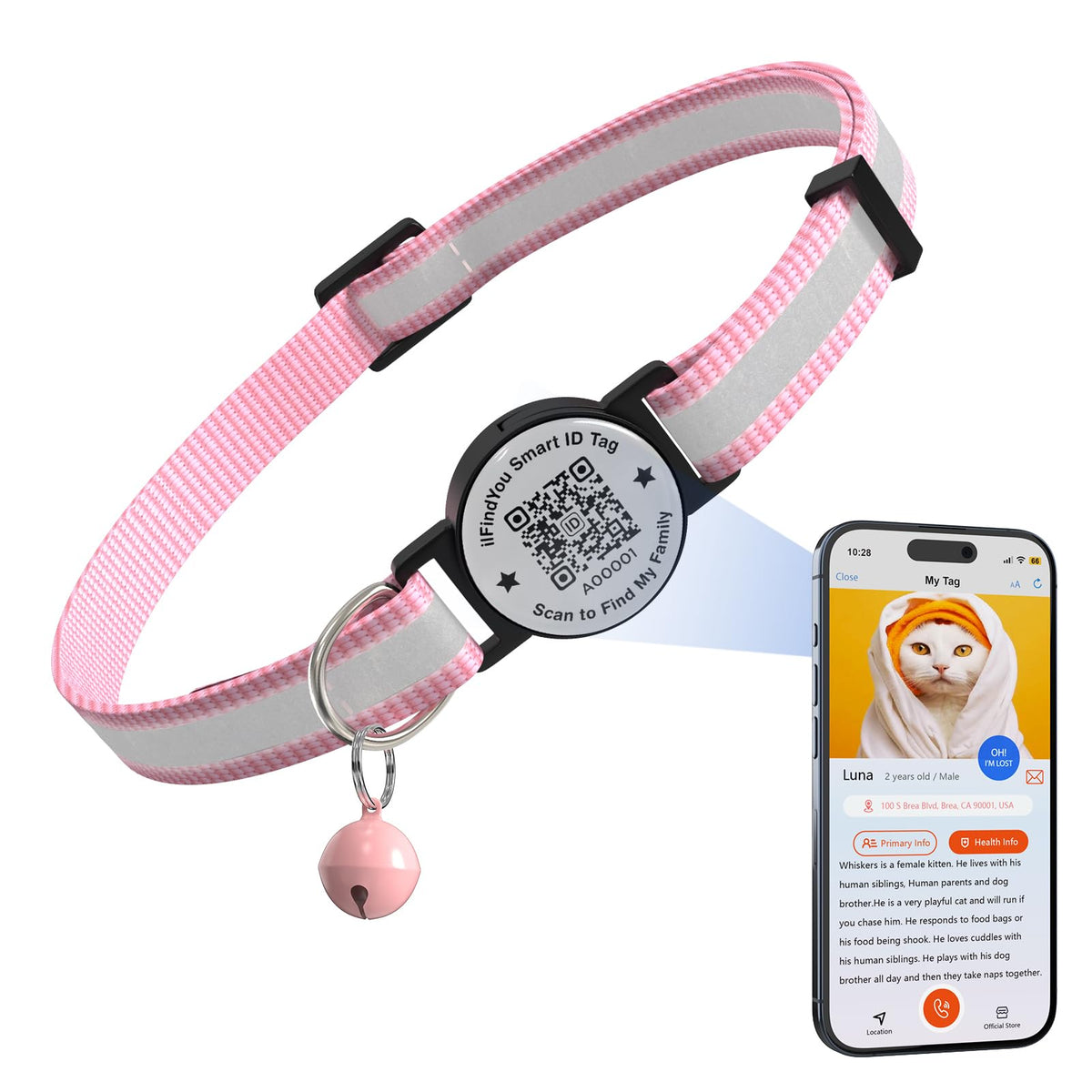 Cat Collar Breakaway QR Code, Reflective cat Collar with Bells, 3-Pack