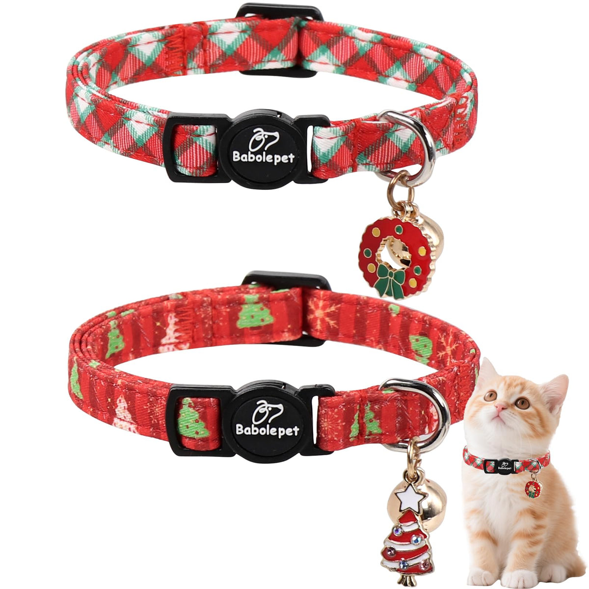 2 Pack Christmas Cat Collars - Breakaway Cat Collar with Bell, Christmas Tree and Reindeer Pendant, Winter Adjustable Kitten Collars for Girl Boy Cats, Pink Santa &Fair Isle