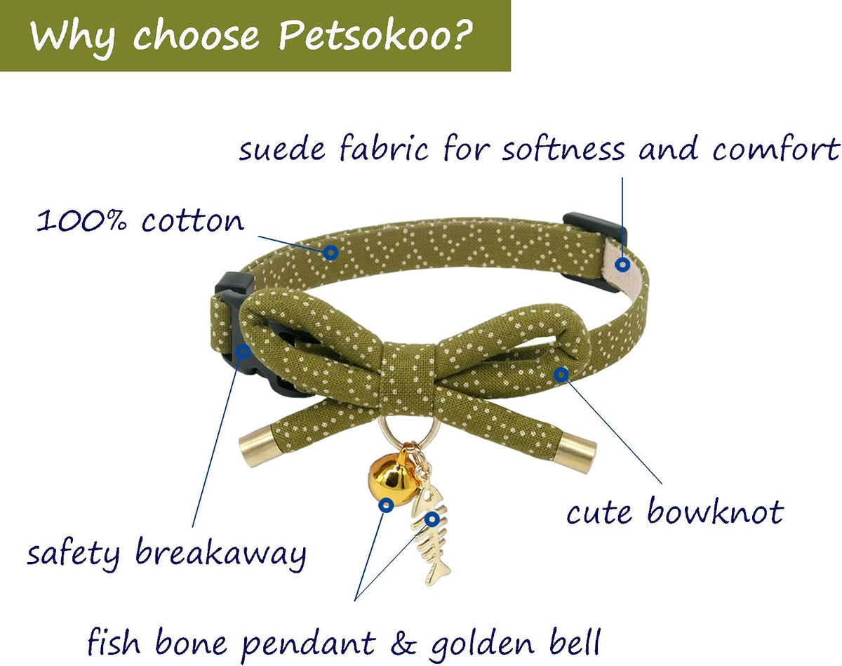 Cute Bowtie Cat Collar with Bell. Japanese Stylish Bowknot & Fish Charm. Safety Breakaway, Soft, Lightweight, for Girl Boy Male Female Cats Kitten,Green