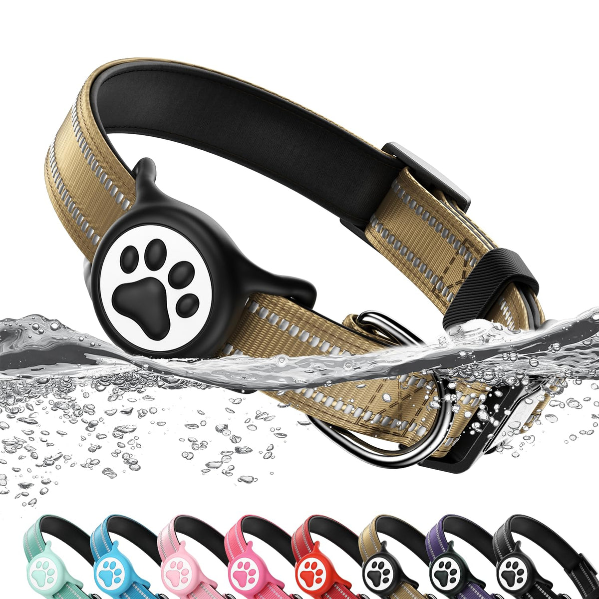 Premium Airtag Dog Collar，with IP68 Waterproof AirTag Holder,Pink,S