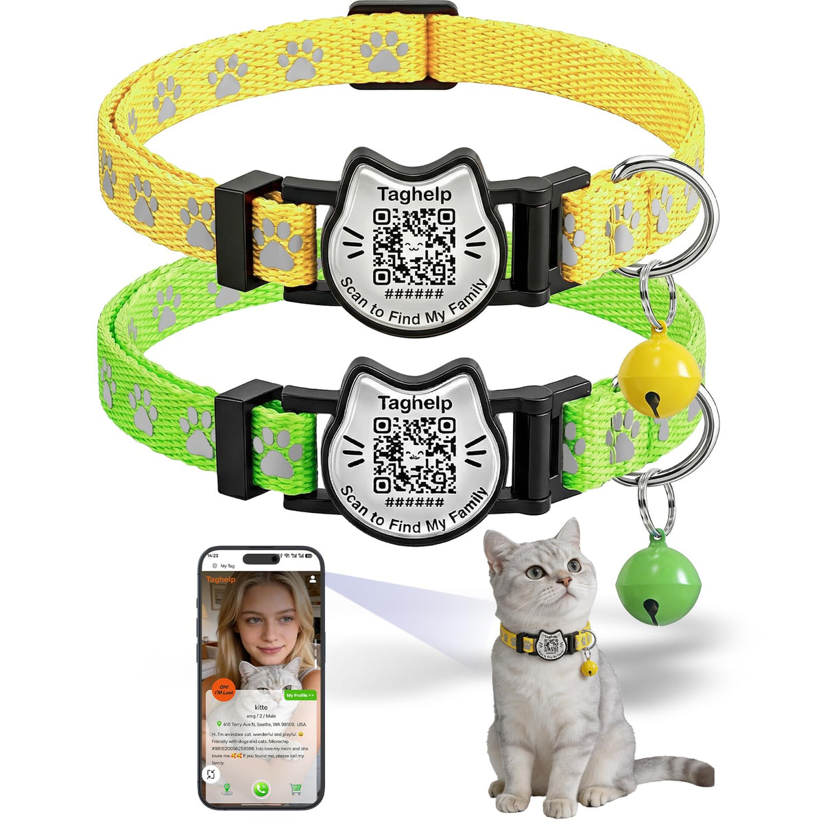 Breakaway Cat Collar with QR Code Tag and Bell (Black & Rose red)