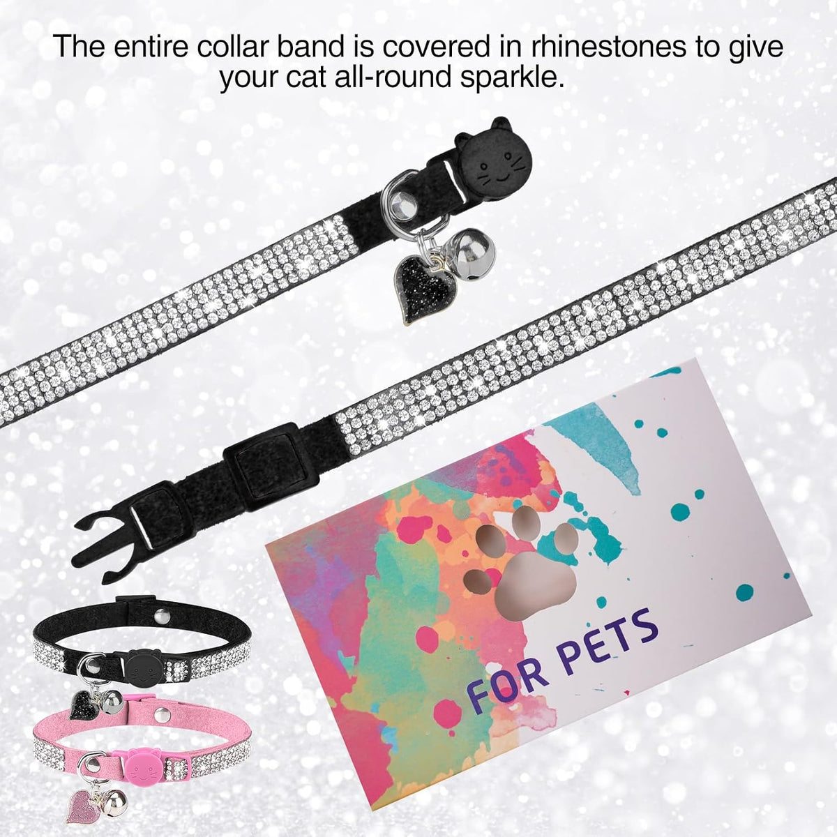 Rhinestone Cat Collar Breakaway, Bling Sparkly Diamond, 2 Pack