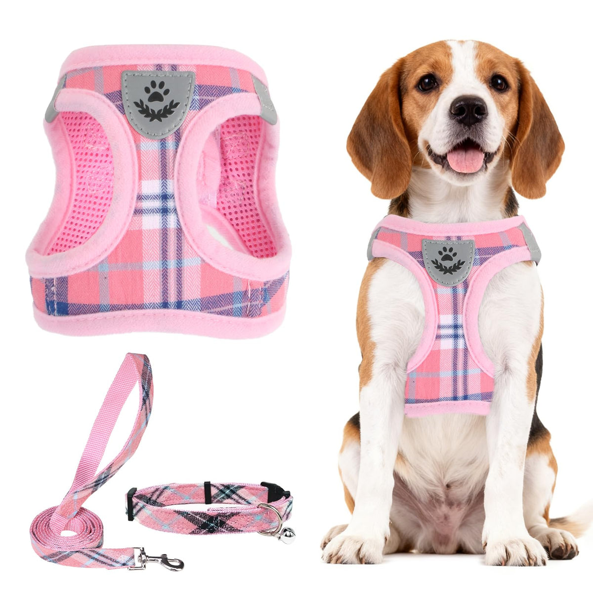 PUPTECK Adjustable Pet Harness Collar &Leash Set Step in for Small Dogs Puppy &Cats Outdoor Training &Running, Soft Mesh Padded Reflective Vest Harness,M: Chest girth: 16-18in Collar: 11.8-15.7in