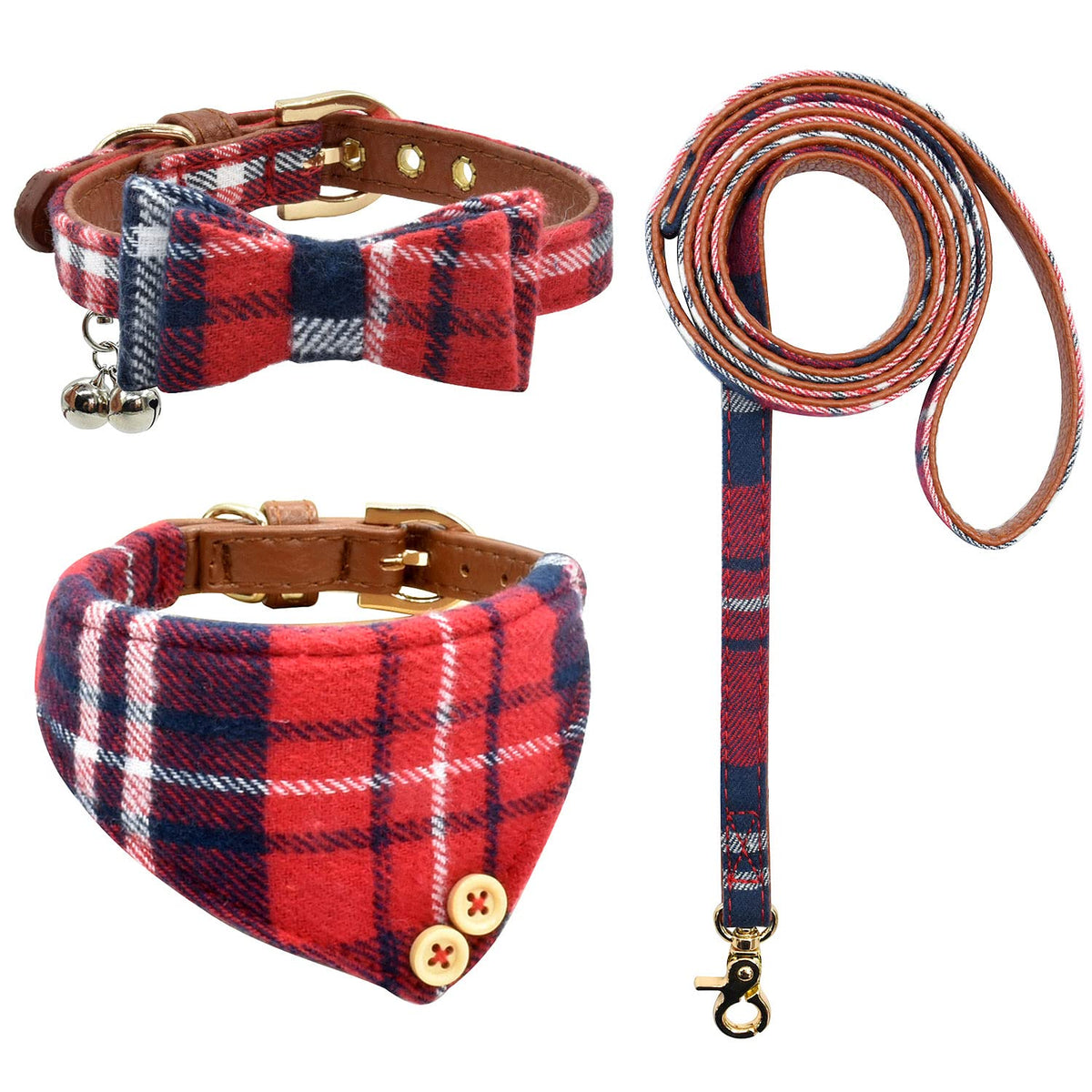 3PCS Bow Tie Dog Collar and Leash Set Plaid/Camo/Dots/Flower Dog Bandanas with Bell 3 Size Adjustable for Small Dogs Puppies and Cats (XS, Orange Plaid)