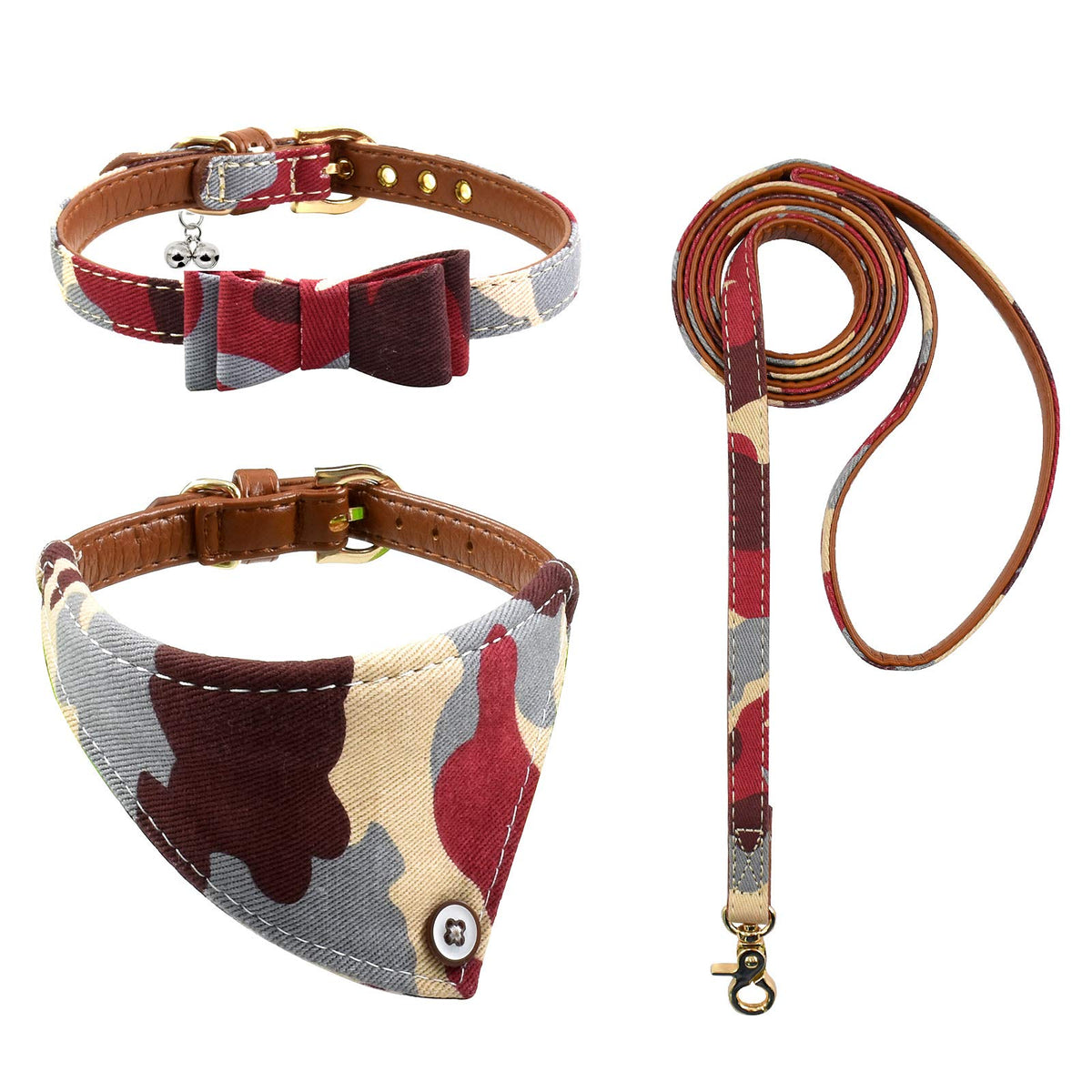 3PCS Bow Tie Dog Collar and Leash Set Plaid/Camo/Dots/Flower Dog Bandanas with Bell 3 Size Adjustable for Small Dogs Puppies and Cats (XS, Orange Plaid)