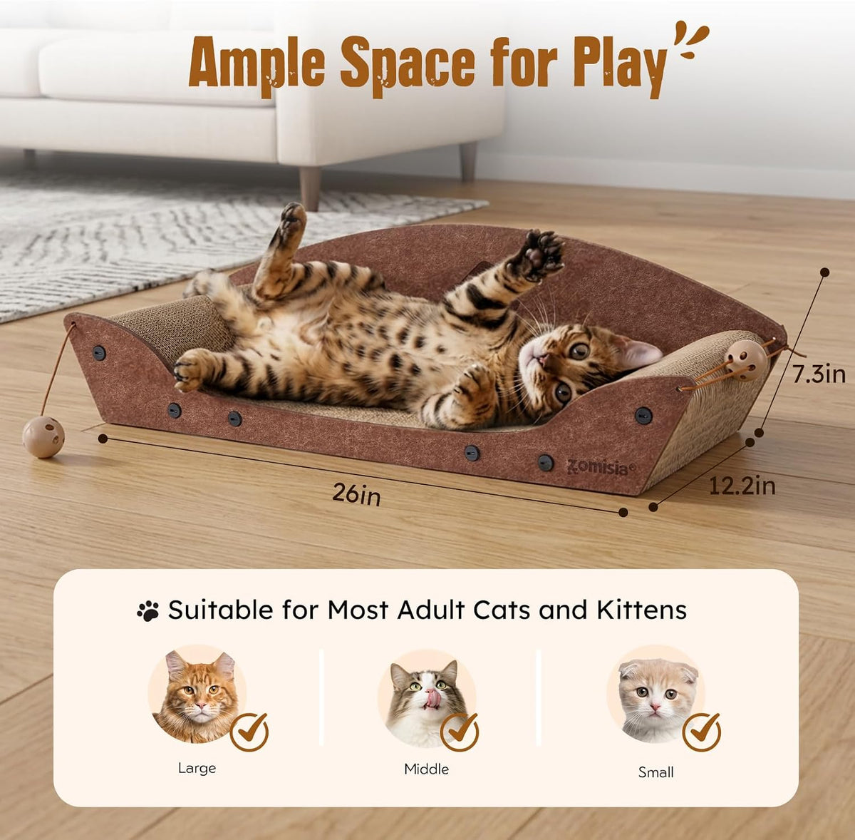 ZOMISIA 26'' Cardboard Cat Scratcher Bed for Indoor Cats, 1PC, Brown