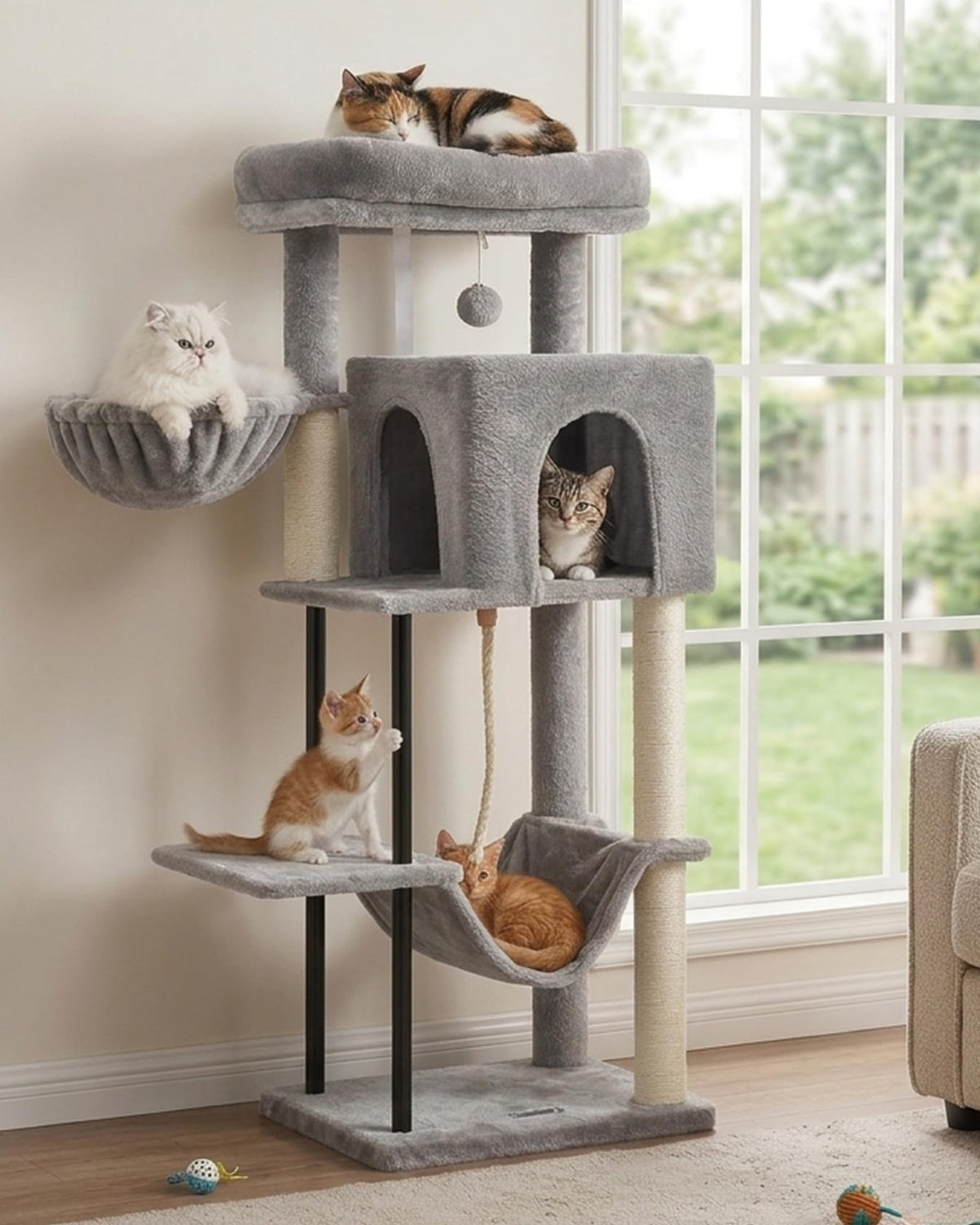 Gitelsnour Cat Tree, Cat Tower for Indoor Cats, 43.3 inch Cat Tree Tower with Sturdy Steel Tube, Hammock, Cat Condo for Small Cats and Kittens, Scratching Post, Smoky Gray GCT004SG