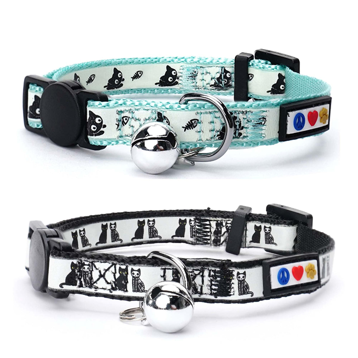 Pawtitas Glow in the Dark Cat Collar with Breakaway Safety Buckle & Bell Adjustable Kitten Collar, Teal