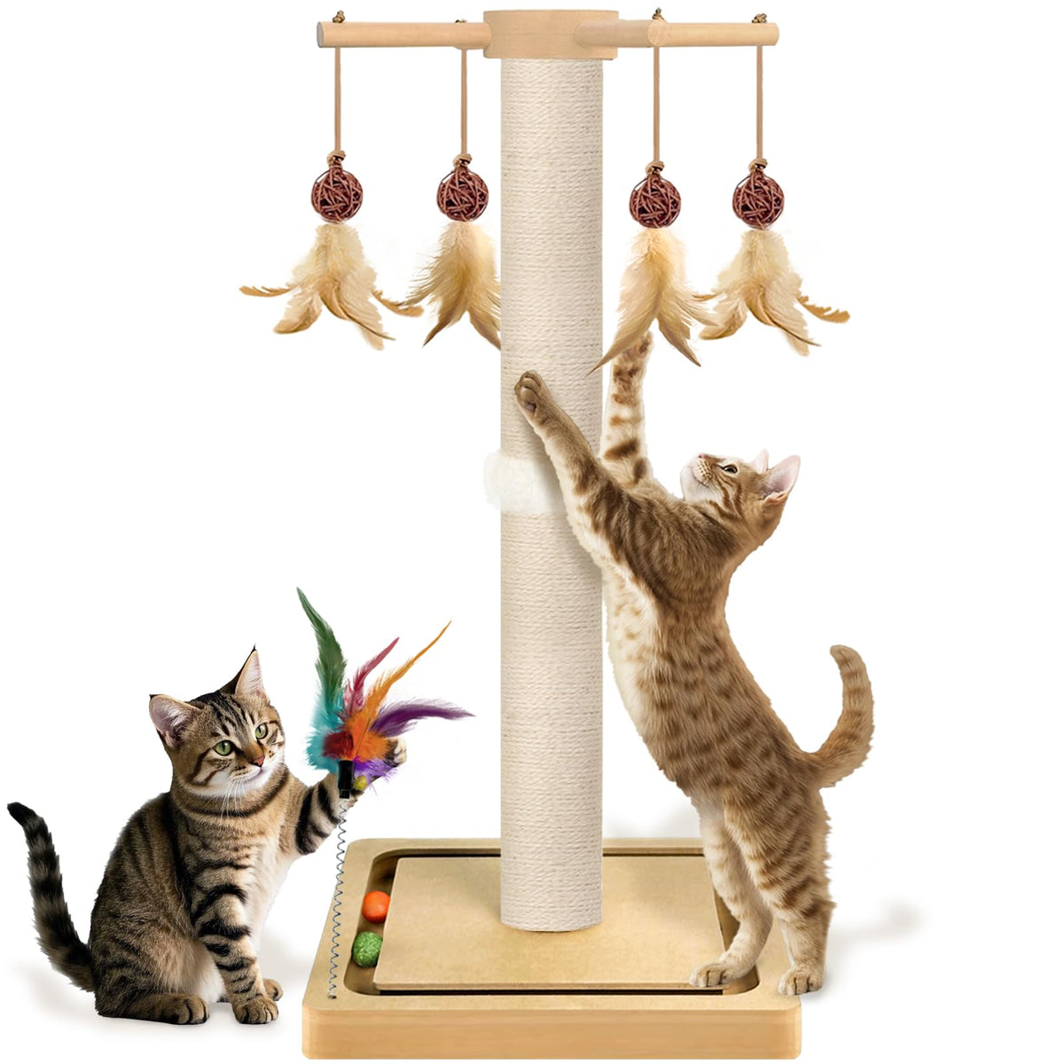 Cat Scratching Post, Sisal Scratcher with Enrichment Toys for Indoor Cats