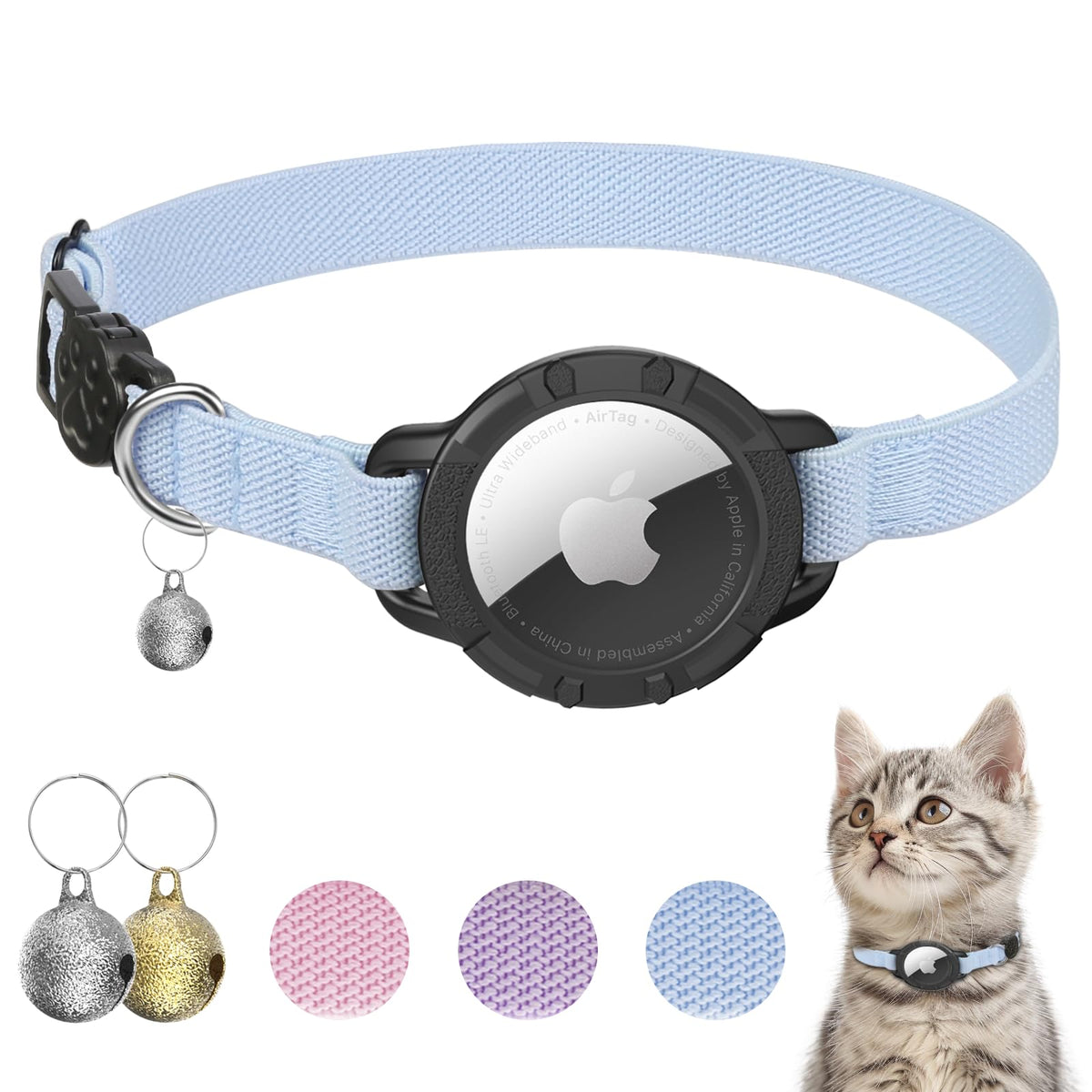 AirTag Cat Collars, Stretchy Collar with AirTag Holder and Bell
