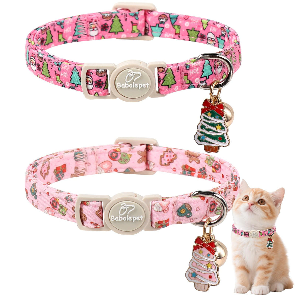 2 Pack Christmas Cat Collars - Breakaway Cat Collar with Bell, Christmas Tree and Reindeer Pendant, Winter Adjustable Kitten Collars for Girl Boy Cats, Pink Santa &Fair Isle