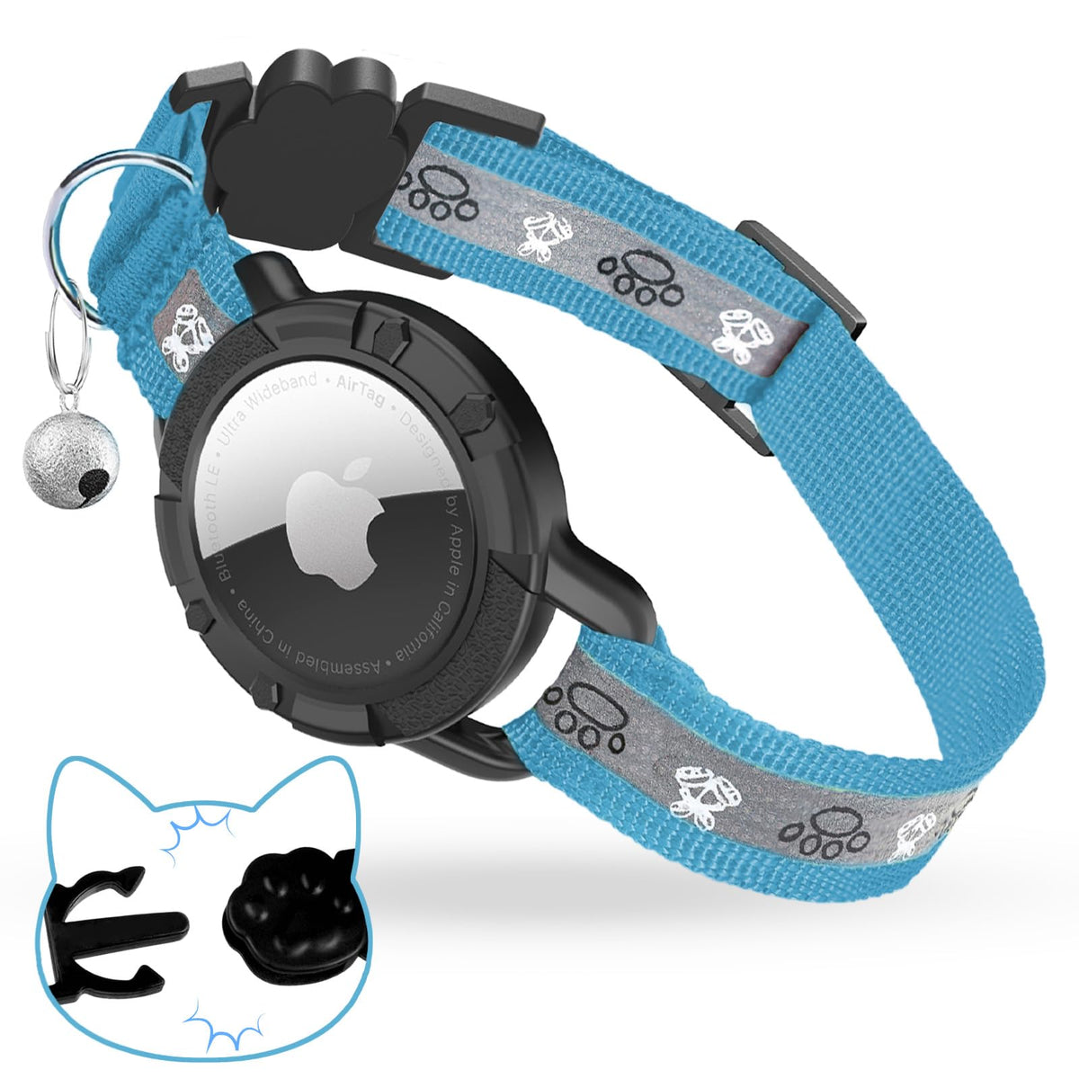 Breakaway AirTag Cat Collar, Reflective Cat Tracker Collar with Bell