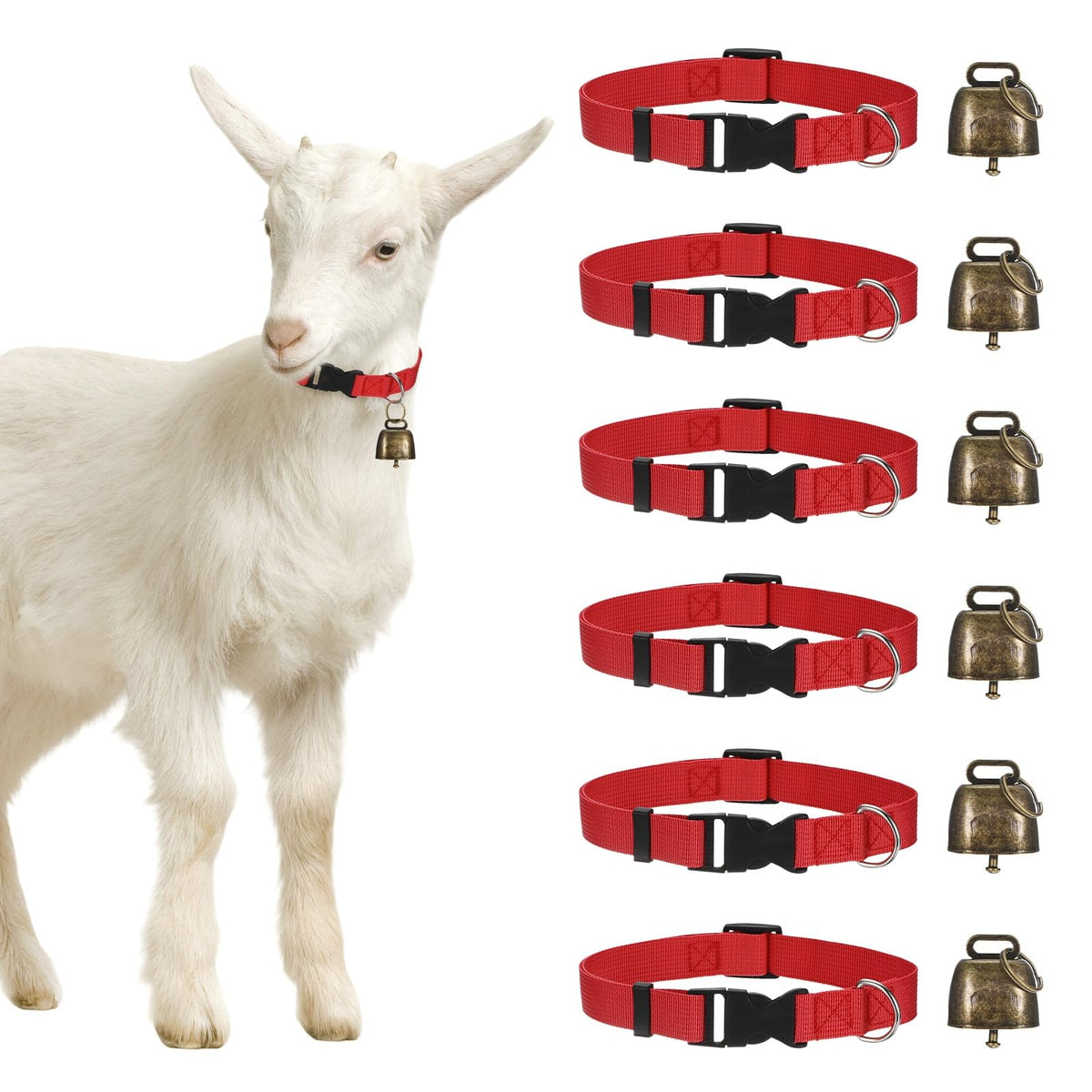 M METERXITY 6-Pack Goat Collars with Bells, 13.8"-20.5" Polyester Adjustable Pet Collar with Anti-Lost Grazing Copper Bell for Small Farm Animal/Sheep/Cow/Goat [Black]