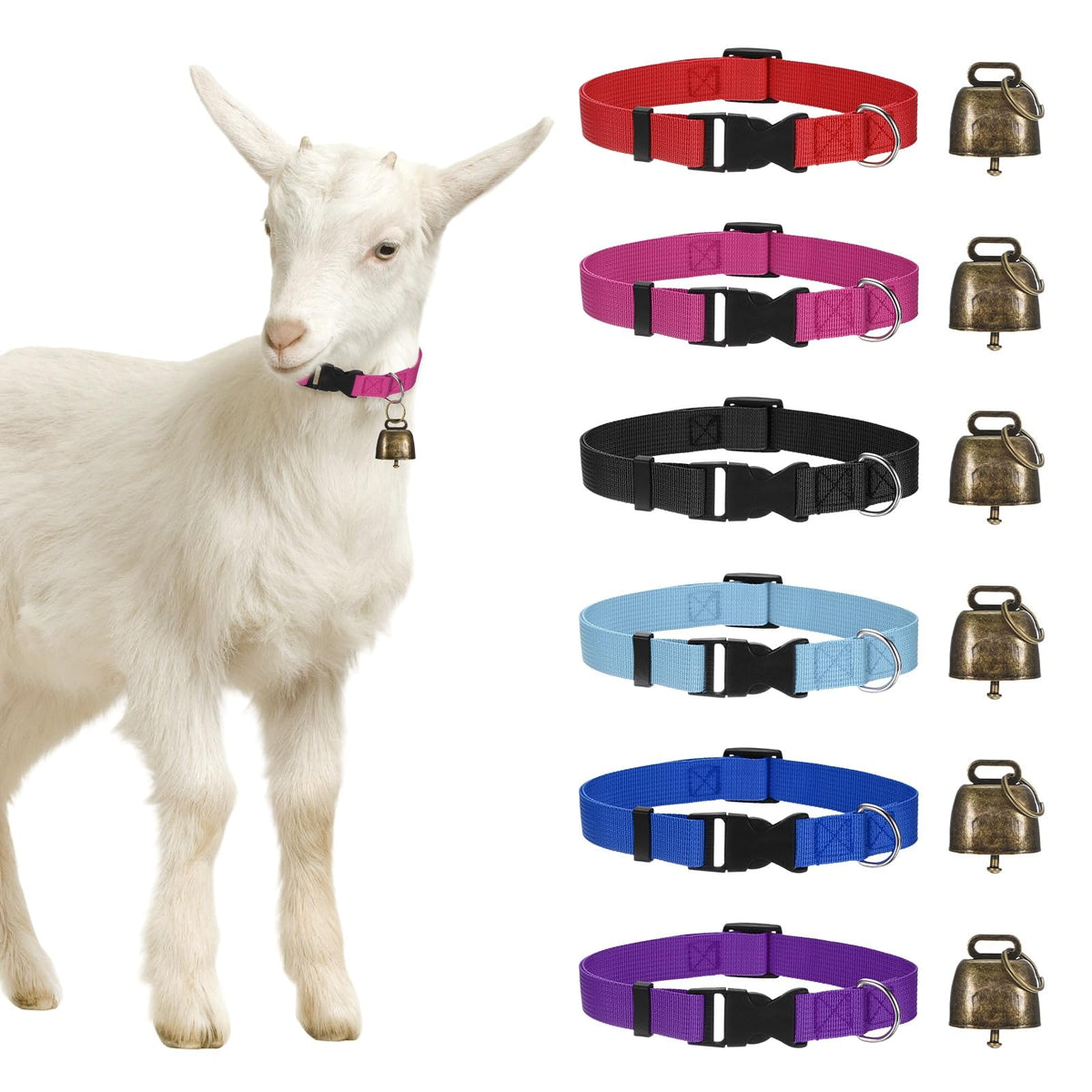 M METERXITY 6-Pack Goat Collars with Bells, 13.8"-20.5" Polyester Adjustable Pet Collar with Anti-Lost Grazing Copper Bell for Small Farm Animal/Sheep/Cow/Goat [Black]