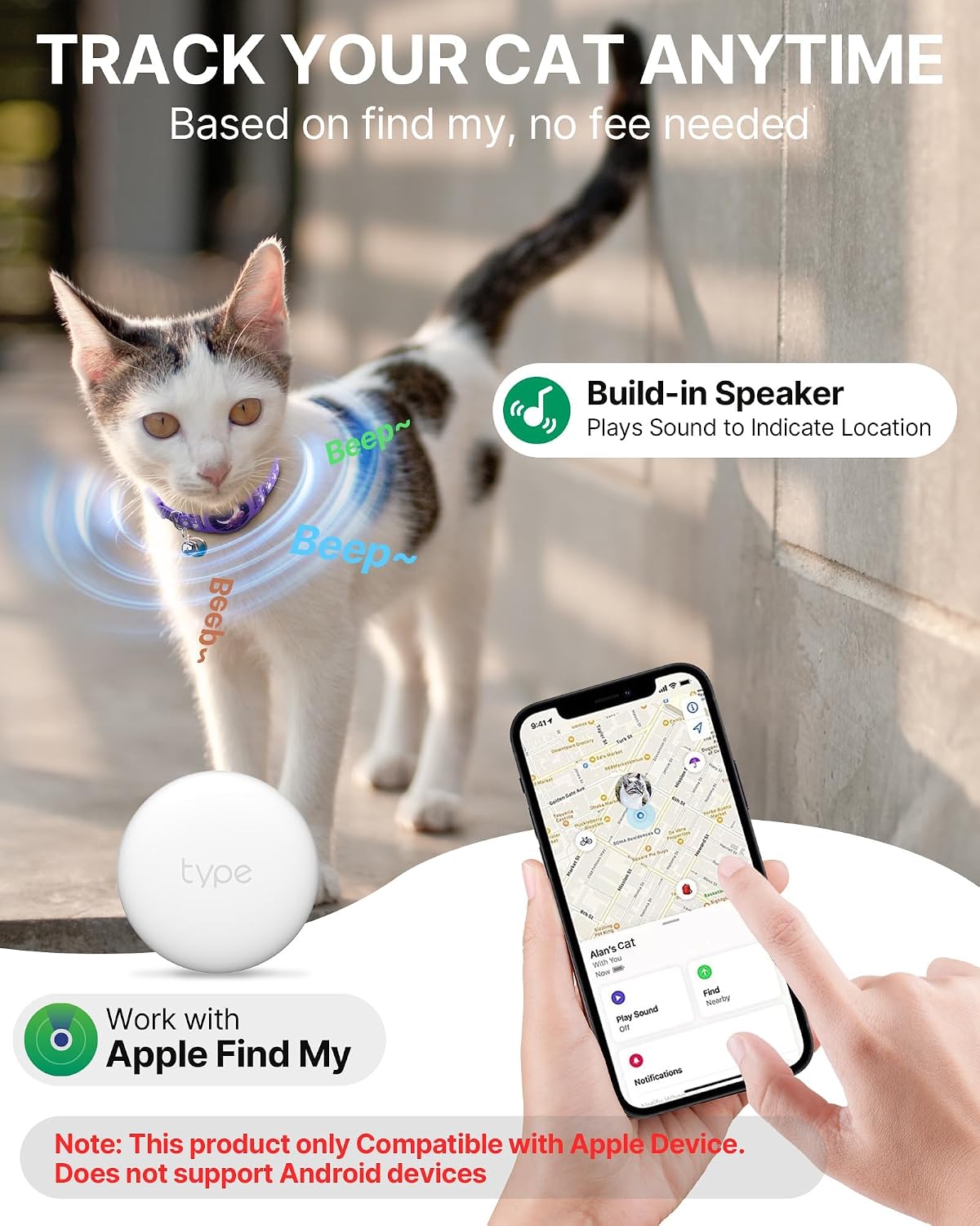 Cat Tracker Collar - Waterproof Airtag Cat Collar with Finder Tag, Purple
