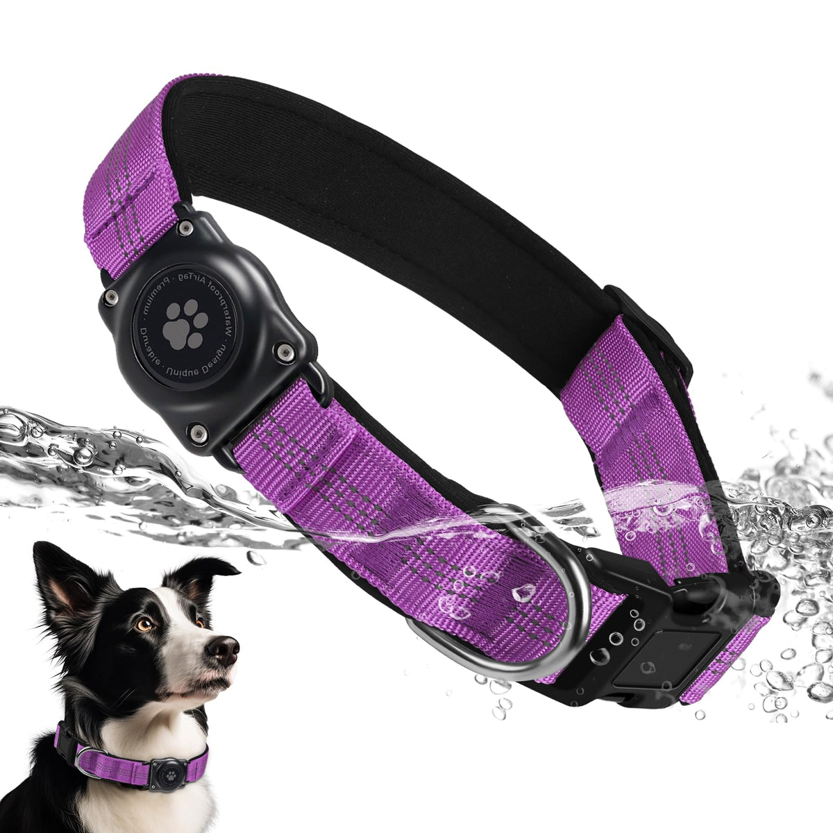 Upgrade Dog Collar with AirTag Holder, IP68 Waterproof, Black, S