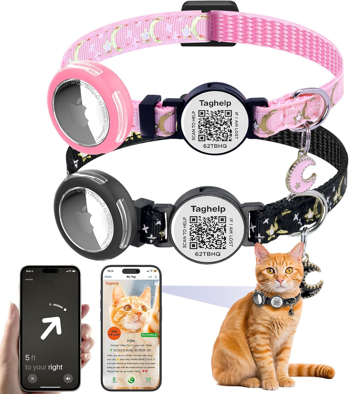 2 Pack Airtag Cat Collar, Breakaway Cat Airtag with Smart ID tag & QR Code Reflective (Moon Stars - Black & Pink, with Integrated AirTag Holder)