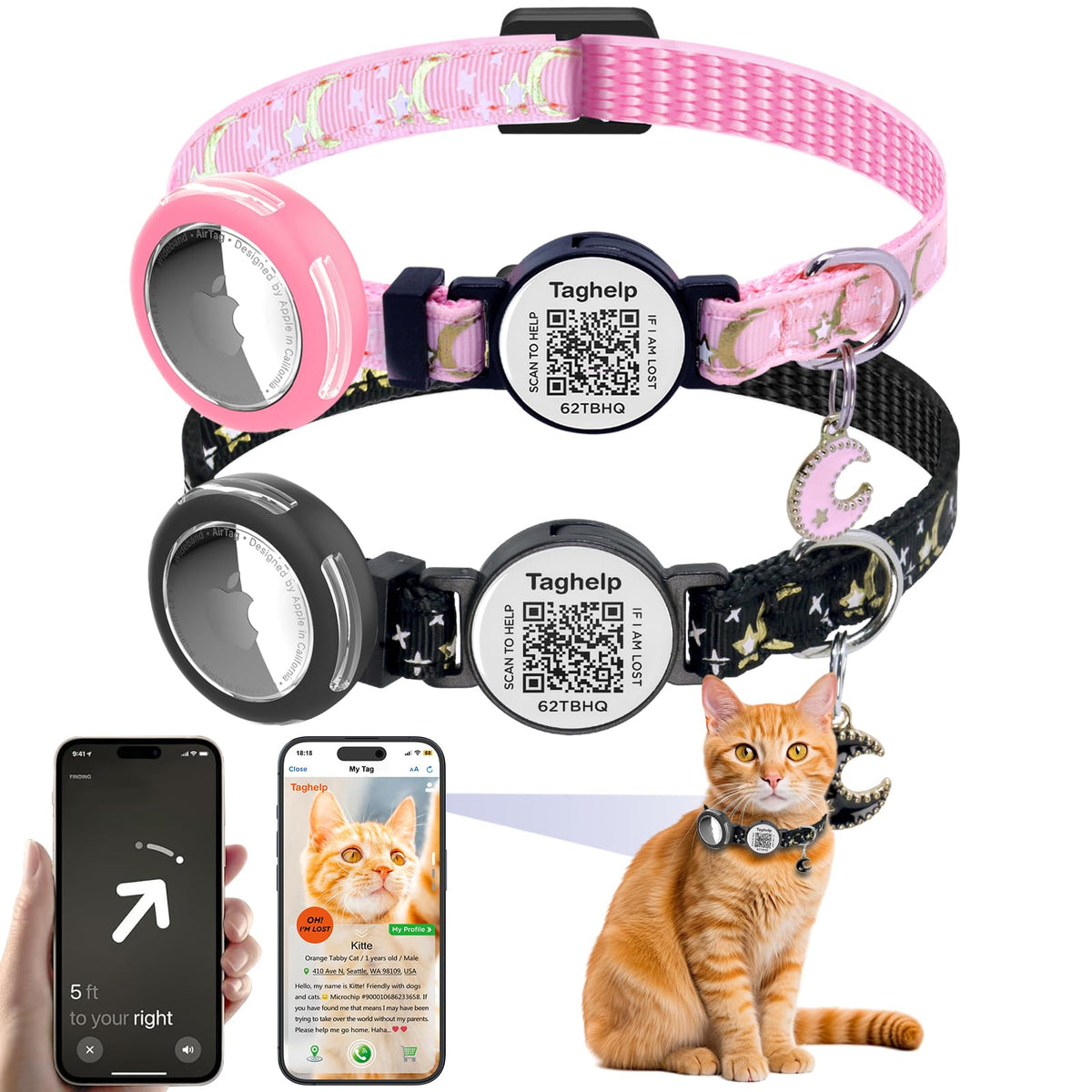 2 Pack Airtag Cat Collar, Breakaway Cat Airtag with Smart ID tag & QR Code Reflective (Moon Stars - Black & Pink, with Integrated AirTag Holder)