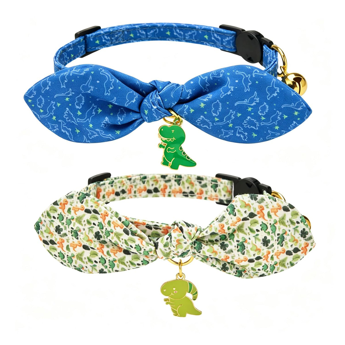 Bowtie Cat Collar with Bell, 2 Pack Cotton Breakaway Kitten Collars with Removeable Bow Stylish Cat Collars, Gradient Plaid & Polka Dot Blue