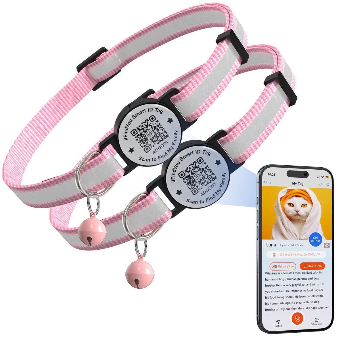 Cat Collar Breakaway QR Code, Reflective cat Collar with Bells, 3-Pack