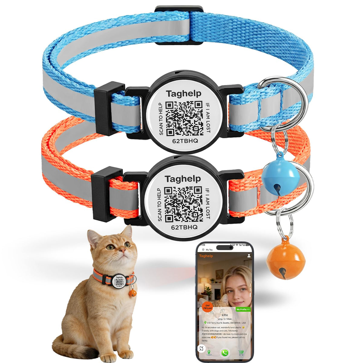 2 Pack QR Code Cat Collar with Instant Lost Pet Recovery System, Scan for Urgent Alerts & Location Info, Breakaway Reflective Collar with Safety Bell (Blue & Pink)