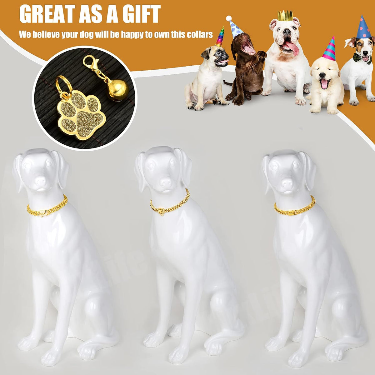 Dog Chain Collars Gold Dog Collar 10mm Gold Cuban Link Dog Collar Stainless Steel 18K Gold Dog Chain with Snap Buckle Dog tag & Bell for Puppy Small Medium Large Dogs(16")
