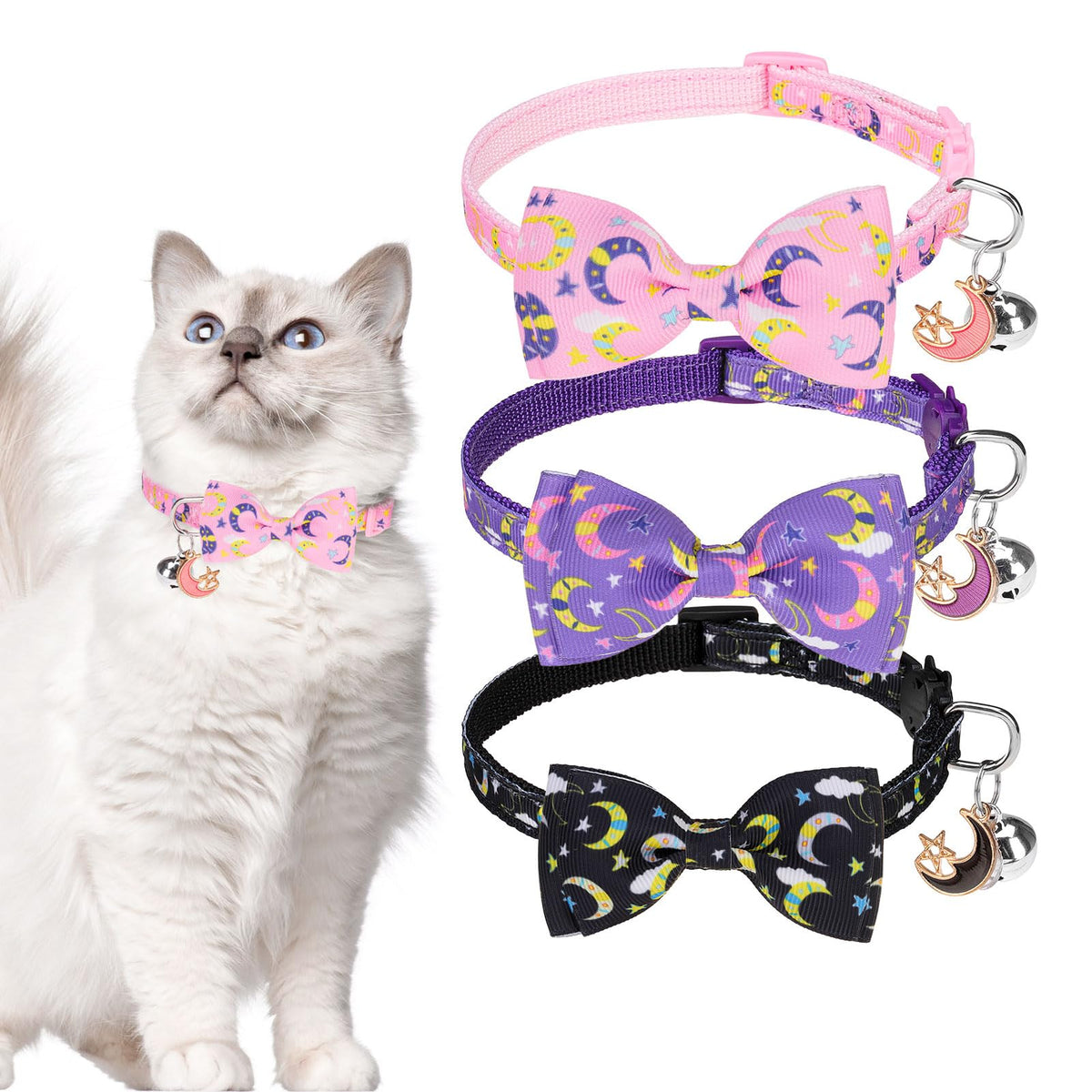 SCENEREAL Breakaway Cat Collar with Bell, 2 Pack Safety Adjustable Cat Collars with Pendant, Pink Personalised Puppy Kitten Collar with Bow for Spring Summer, Strawberry Daisy