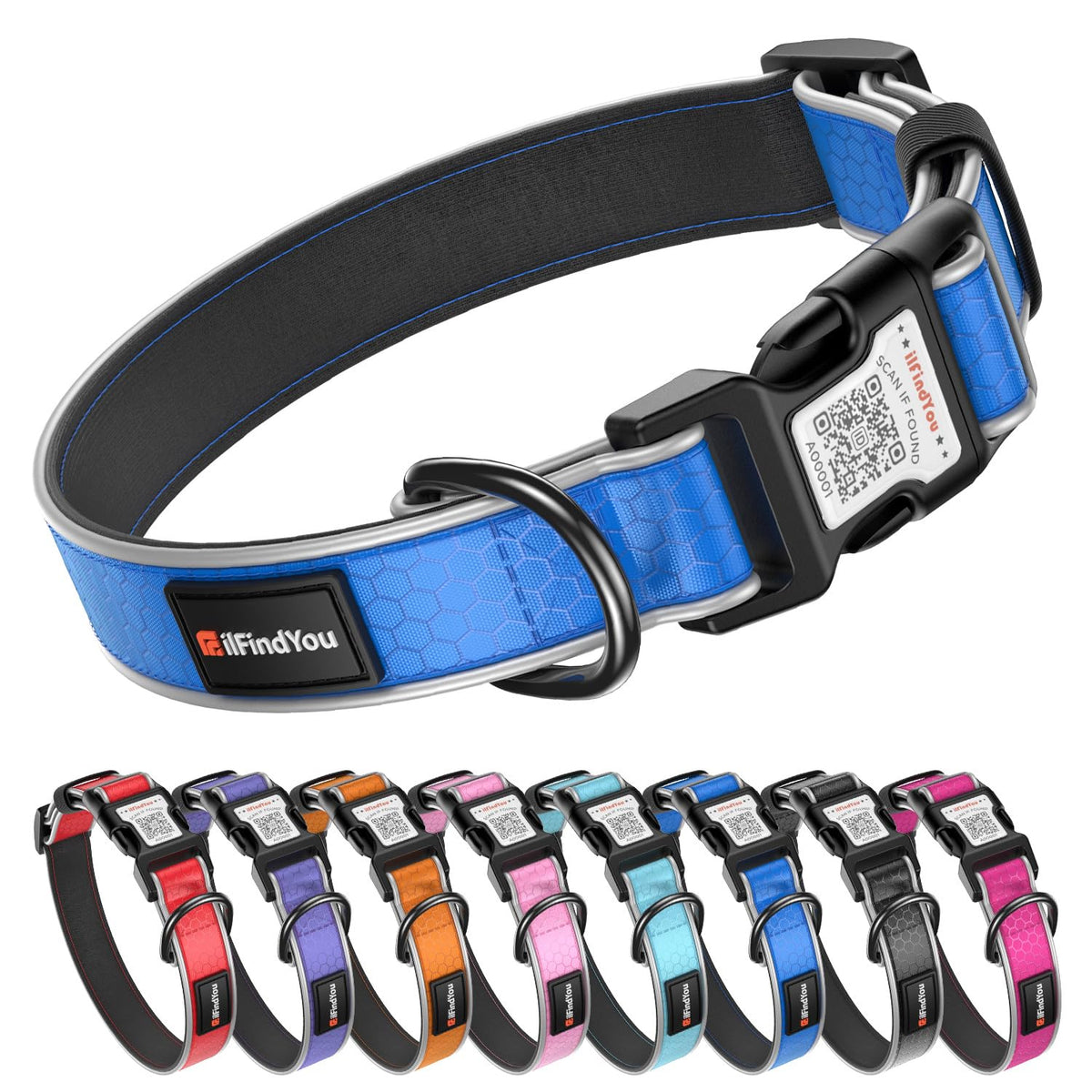Personalized Dog Collar with QR Code Dog Tag, Light Blue M