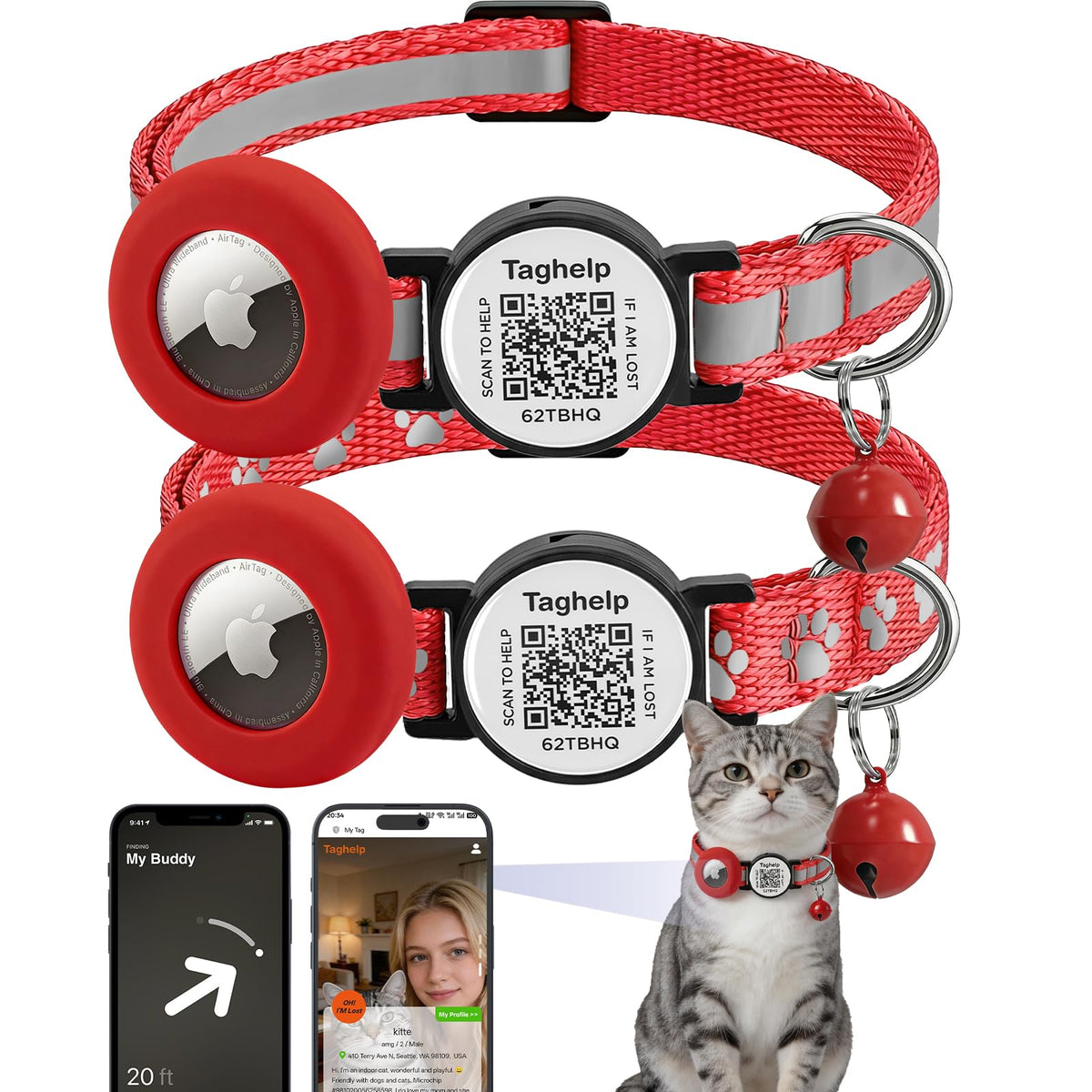 2 Pack Airtag Cat Collar, Breakaway Cat Airtag with Smart ID tag & QR Code Reflective (Moon Stars - Black & Pink, with Integrated AirTag Holder)