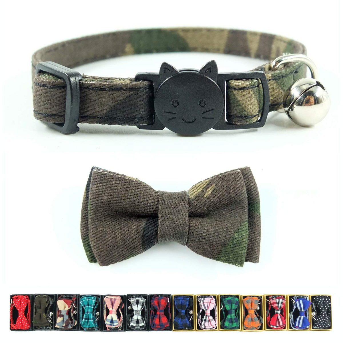 Cat Collar Breakaway with Bell and Bow Tie, Plaid Design Adjustable Safety Kitty Kitten Collars Set of 2 PCS (6.8-10.8in) (Green&Orange Plaid)