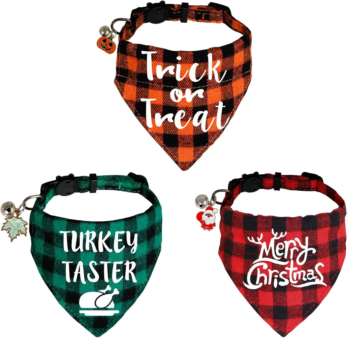 STMK 3 Pack Holiday Cat Bandana Collars with Bell, Breakaway Halloween Thanksgiving Christmas Cat Kitten Collars with Bell Remove Bandana Pumpkin Maple Leaf Santa for Holiday Cats Kittens Costumes