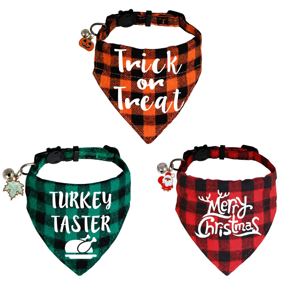 STMK 3 Pack Holiday Cat Bandana Collars with Bell, Breakaway Halloween Thanksgiving Christmas Cat Kitten Collars with Bell Remove Bandana Pumpkin Maple Leaf Santa for Holiday Cats Kittens Costumes