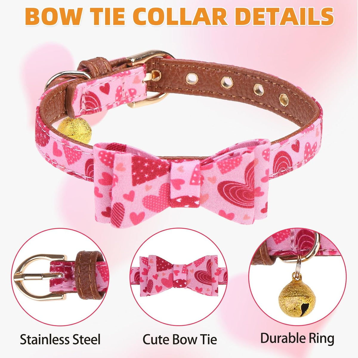 KOOLTAIL Cute Small Dog Collar and Leash Set with Bowtie and Bells,Puppy Bandana Collar and Leash for Girls with Pink Heart Pattern,Soft Leather Tangle Free Leashes for Small Dogs,Cats